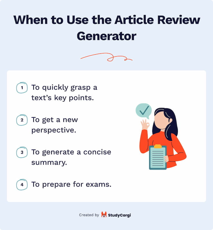 The picture lists the cases when you can use the article review generator.