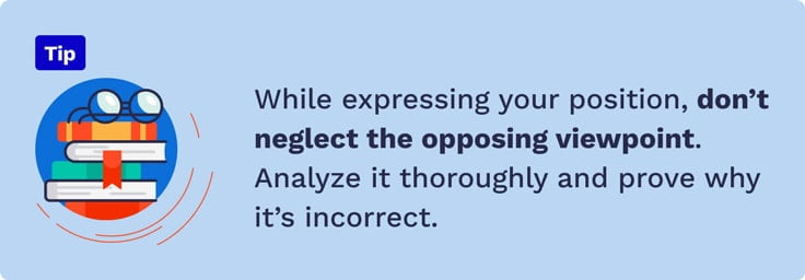 The picture says that while expressing your position, you should also pay attention to the opposing viewpoint.