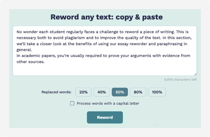 The picture illustrates the first two steps of using the essay reworder.