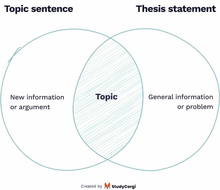 The picture contains a Venn diagram that compares a topic sentence and a thesis statement.