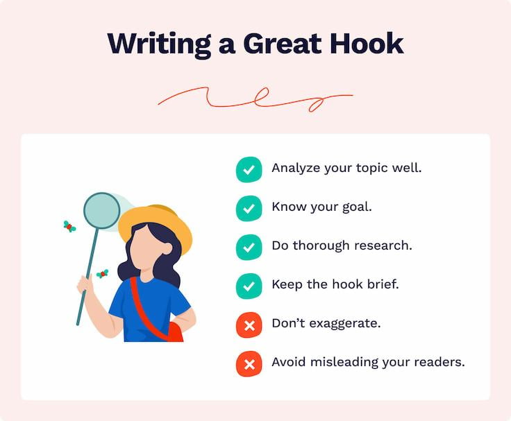 The picture enumerates tips for writing a great hook.