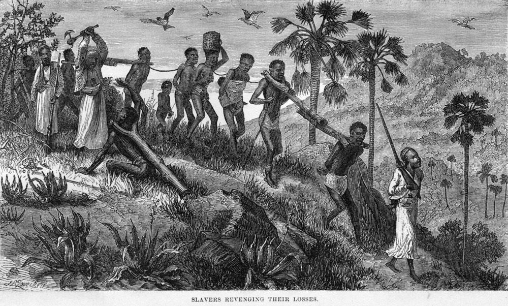 Arabian slave traders leading a group of slaves. One of the slavers is murdering a slave who cannot walk fast enough to keep up with the others