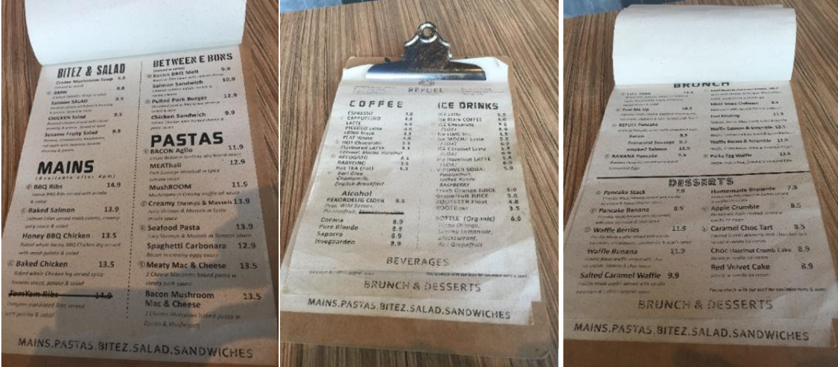Breakfast and Lunch menu from Refuel Café. 