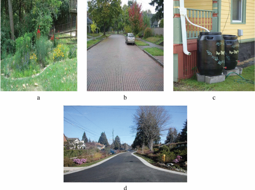 Green infrastructure examples illustrating the forms of green infrastructure including (a) rain garden, (b) permeable pavement, (c) rain barrels, and (d) trees curbside