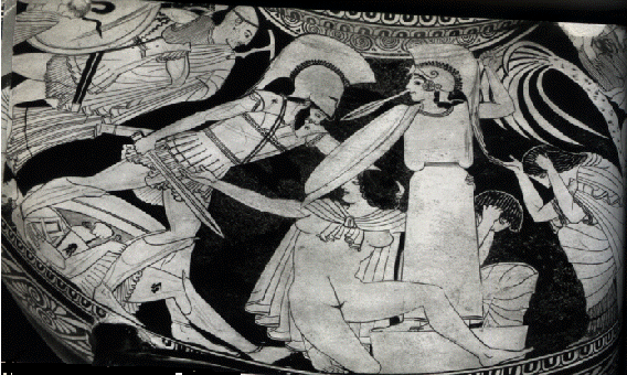Ajax attacking Cassandra, from "The Fall of Troy", pottery attributed to the Kleophrades Painter, c. 480 BC (Fitton)