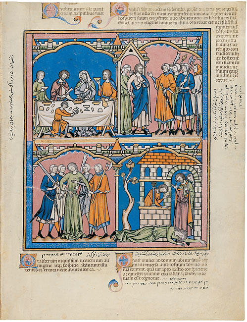 Levite and His Wife in Morgan Picture Bible, Illuminated in France in 1244–1254.