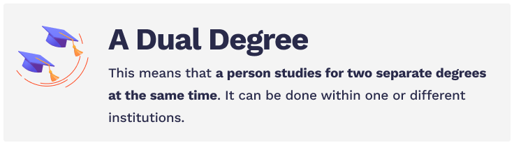 A dual degree means that a person studies for two separate degrees at the same time.