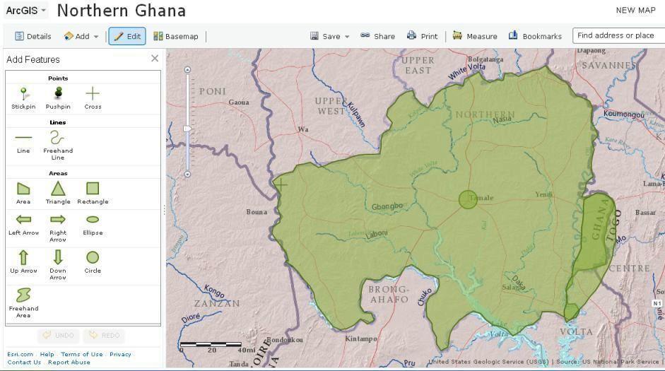 Northern Ghana map showing the major rivers and roads.