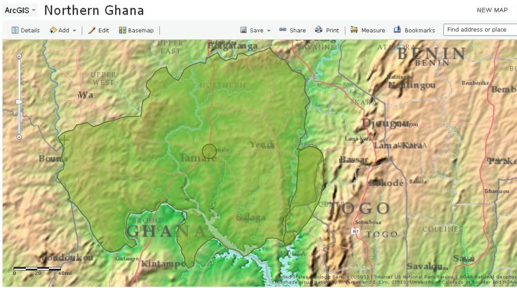 Surface elevation map for northern Ghana.