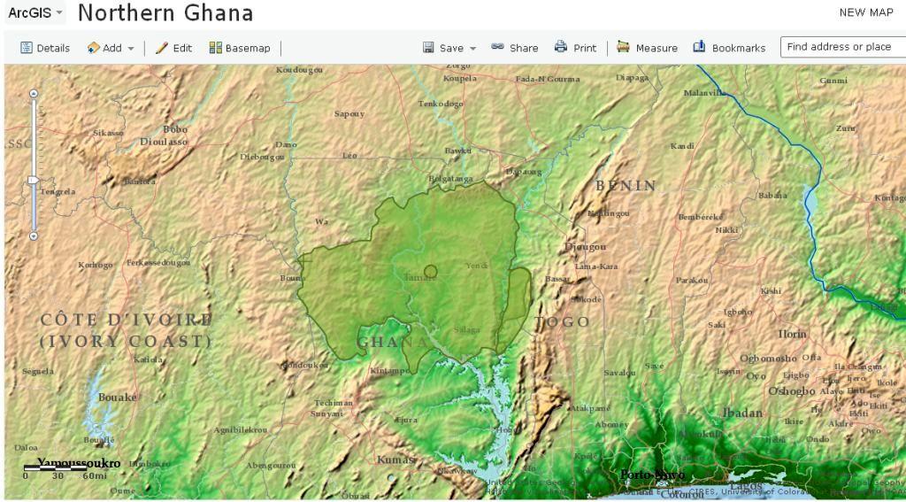 Surface elevation map –Northern Ghana and the surrounding areas.