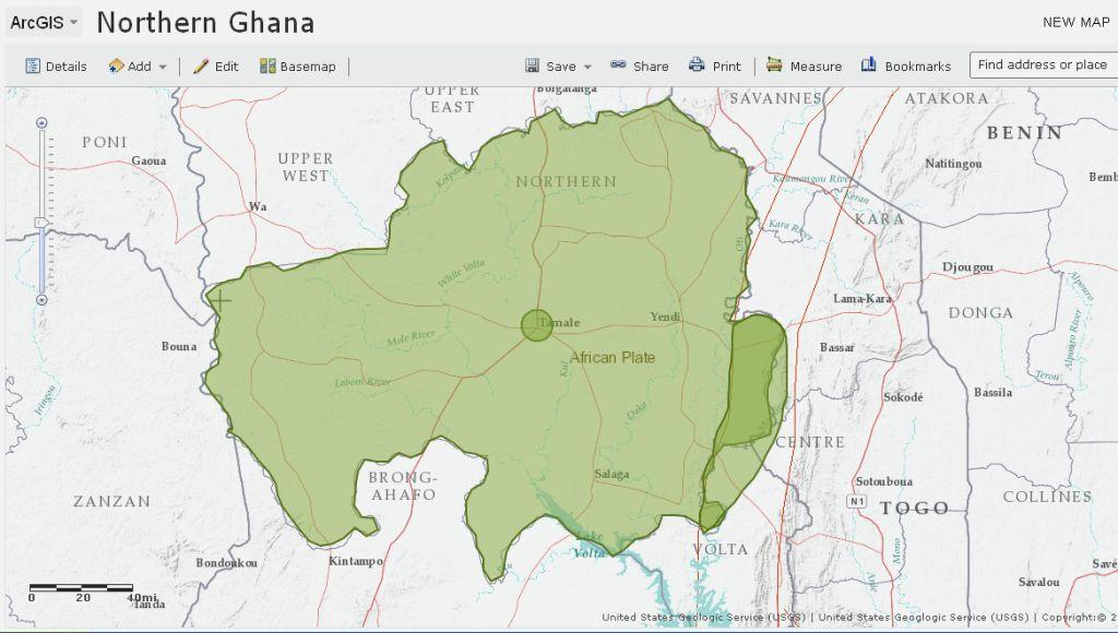Northern Ghana map- geology map showing major fault areas and tectonic plates.