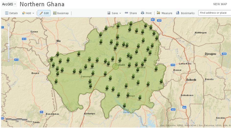 Northern Ghana maps showing major towns and roads network.