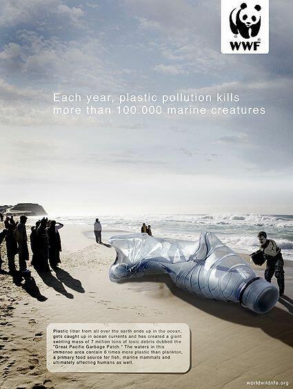 The image depicts a shoreline and a huge plastic bottle, which, as one can guess, is replacing a whale