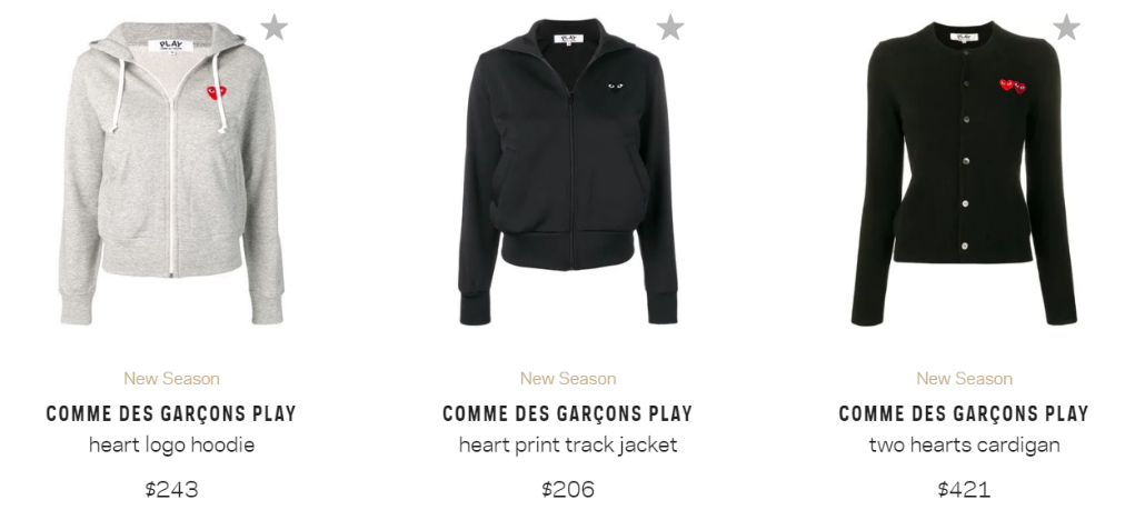Prices for clothes in CDG PLAY collection.
