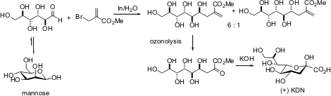 The synthesis of higher carbon-sugar (+)-3-deoxy-D-glycero-D-galacto-nonulosonic acid (KDN) from carbohydrate” (Varma, 2007).