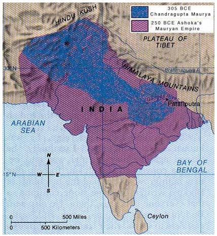  The overall territory of the Maurya Empire during the rule of Chandragupta (in blue) and the reign of Asoka (in violet). 