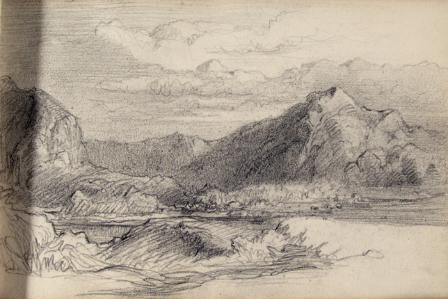 Mountain Sketch by Karl Bodmer, Graphite (recto and verso) on cream, medium-weight, slightly textured wove paper, 1836-1844, Sheet: 153 x 234 mm (BMA, 1994)