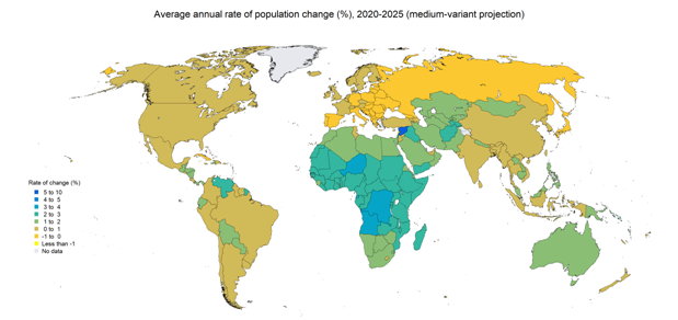 Average Annual Rate of Population Change (%), 2020-2025 (Medium-Variant Projection), digital image, The United Nation.