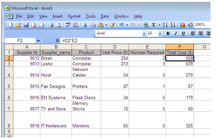 Microsoft Excel costing spreadsheet