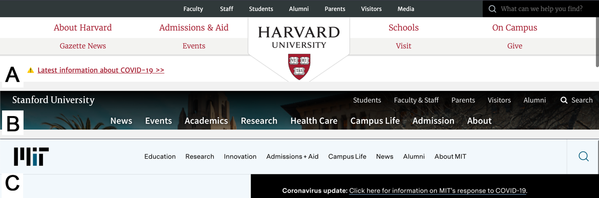  Location of the Search button on different university websites: A - Harvard; B - Stanford; C - MIT. 