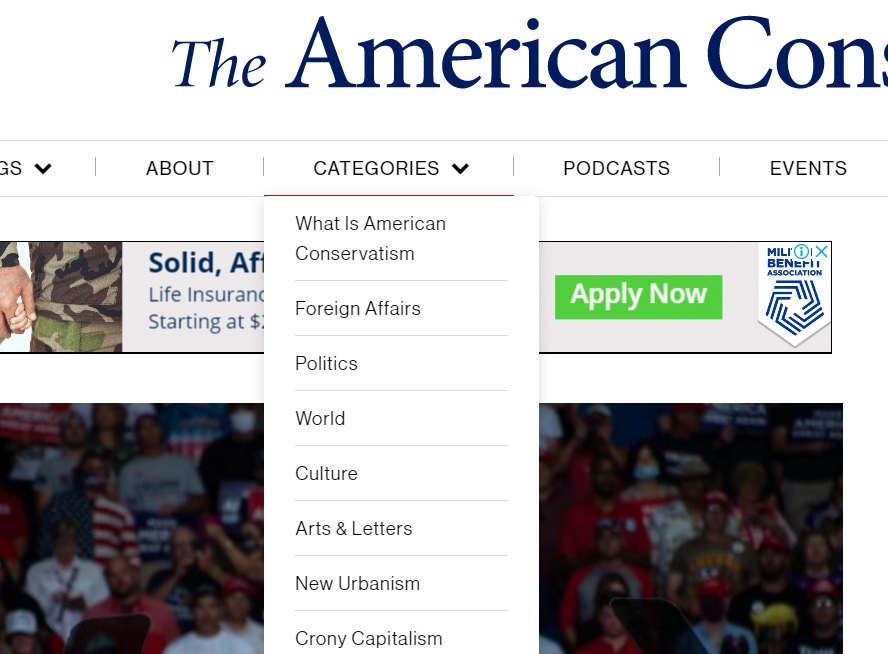 Dropdown menu on The American Conservative website.