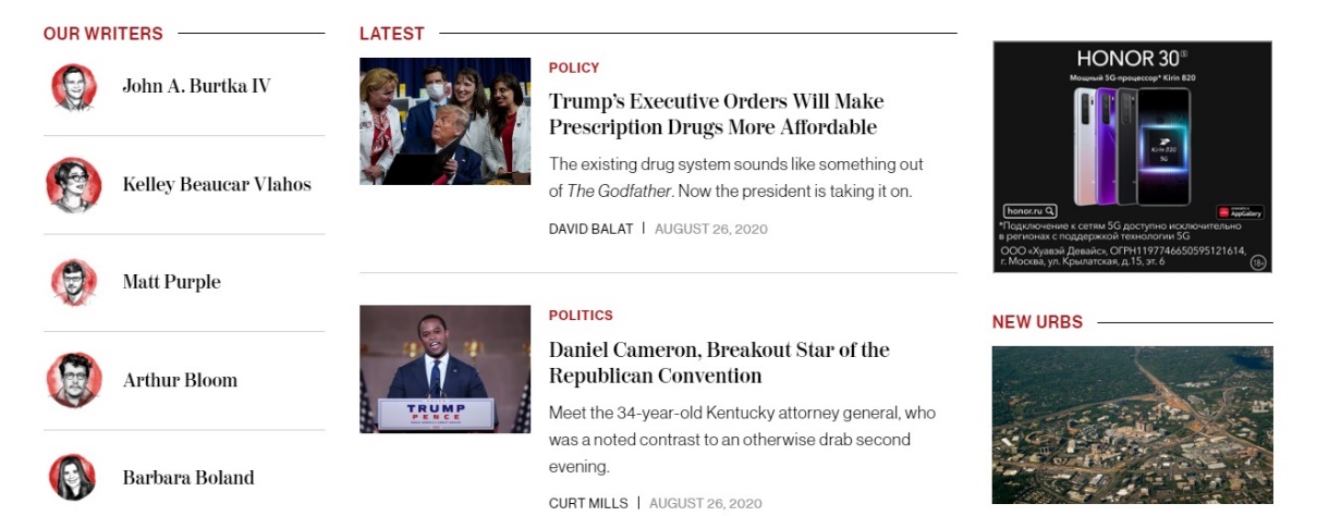 Repetitive horizontal lines and the use of black and red colors on The American Conservative website.