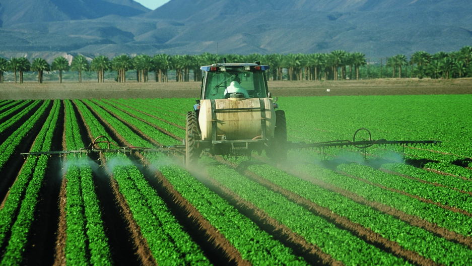 Spraying pesticides on crops (Onstad & Crain, 2019, p. 56).