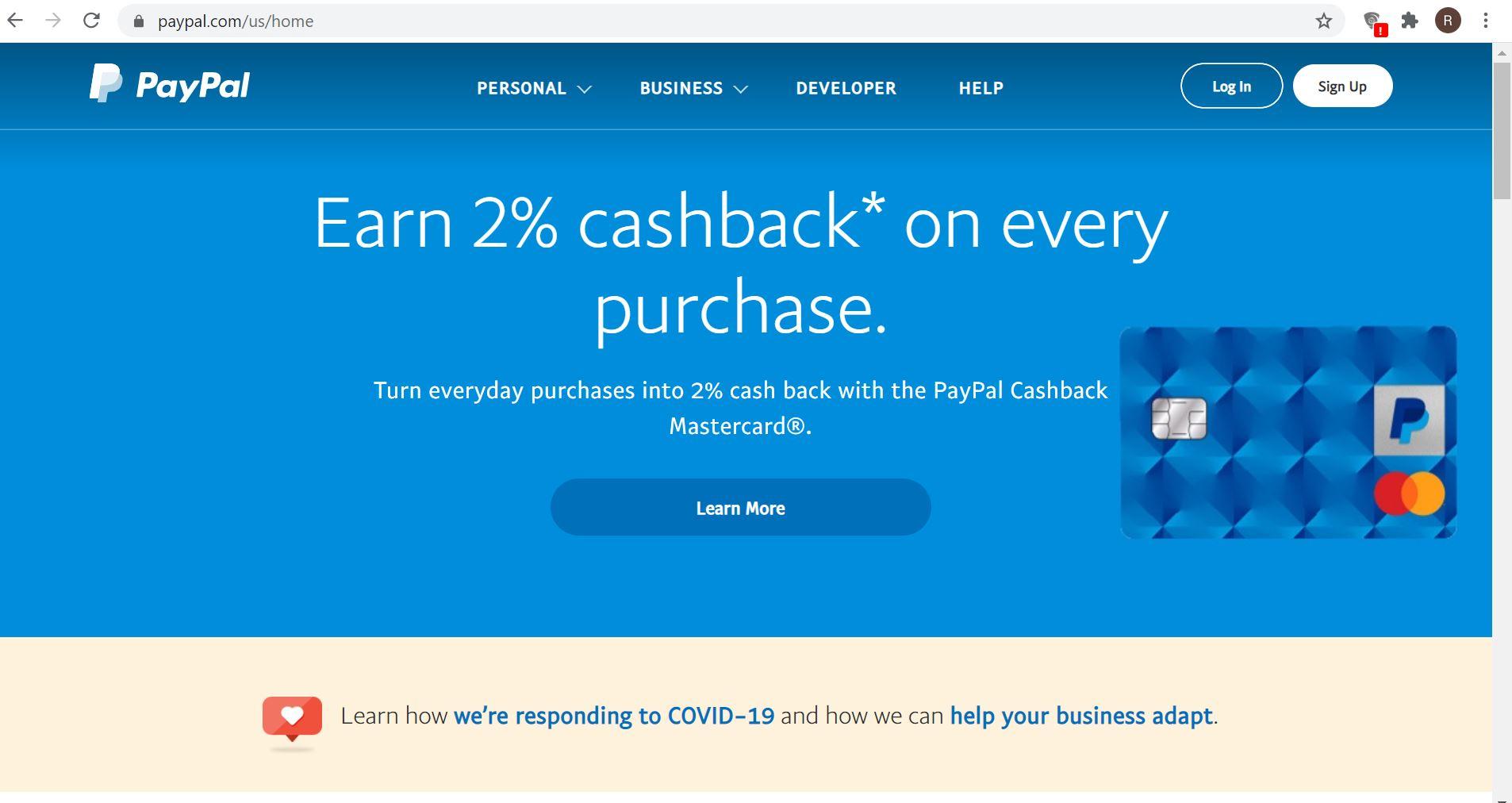 PayPal’s main page.