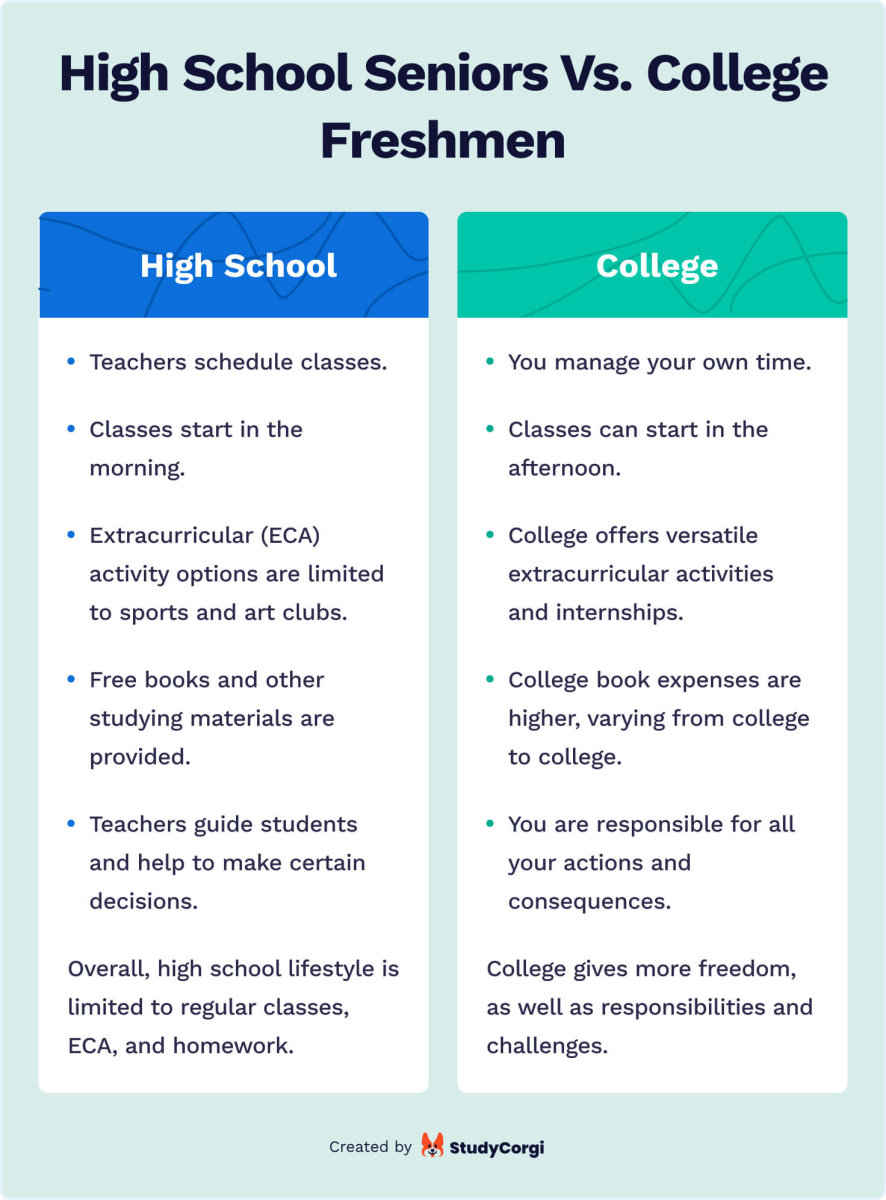 The picture compares school and college studying and lifestyle features.