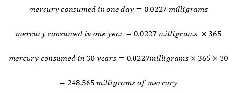 Mercury consumed by the person in 30 years