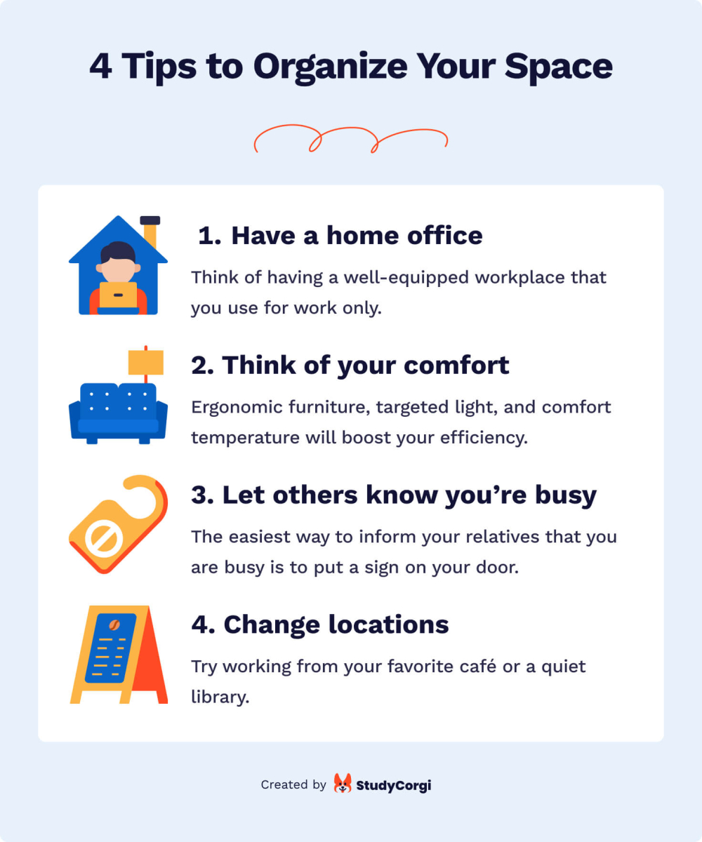 The picture lists four tips that will help you organize your home office.