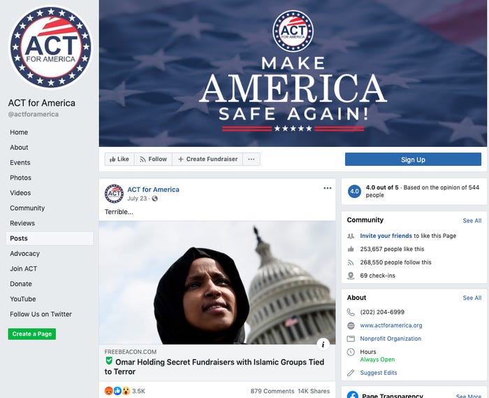 ACT for America disinformation on Omar linked to terrorist activity funding.