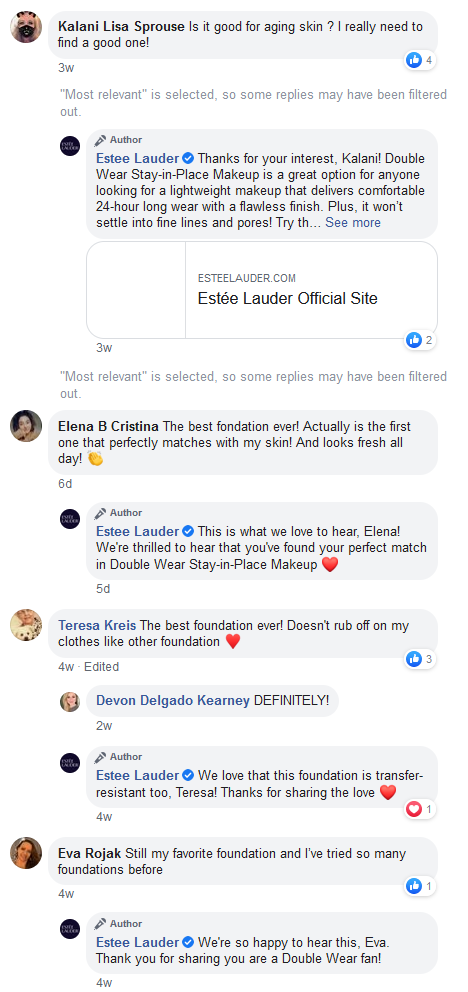Estée Lauder’s responses to comments on Facebook