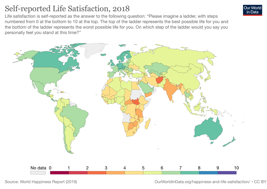 Map of the world, showing the degree of satisfaction with life of individual nations