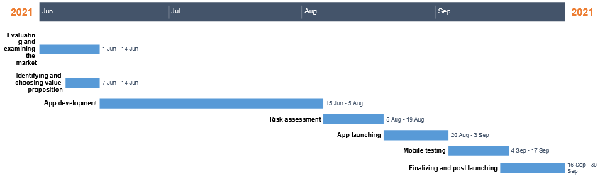 Gant chart scheduling different activities for the app development
