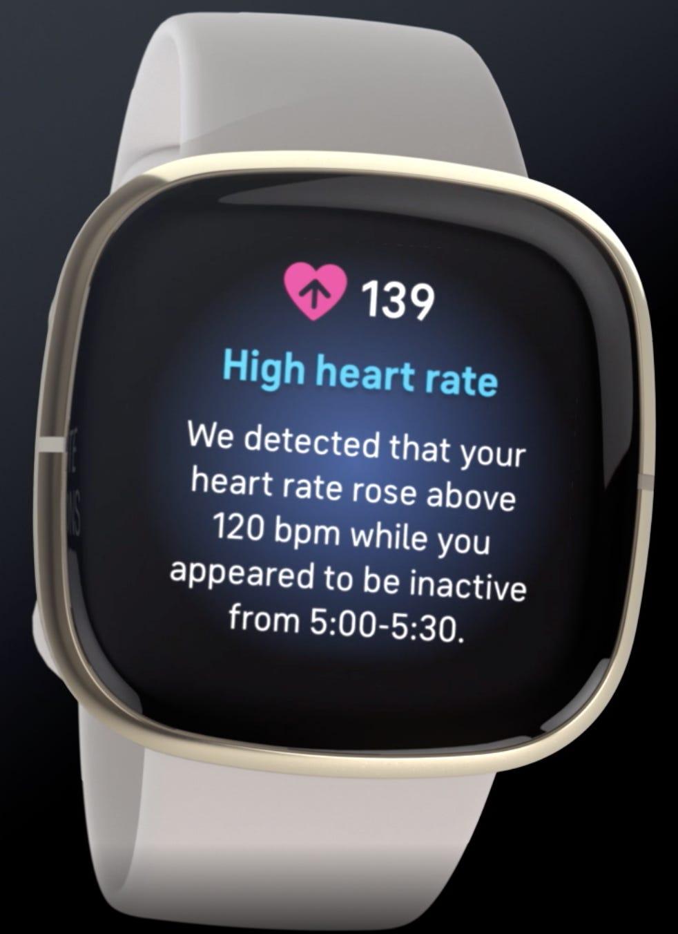 Fitbit sense smartwatch displaying information regarding heartbeat monitoring. 