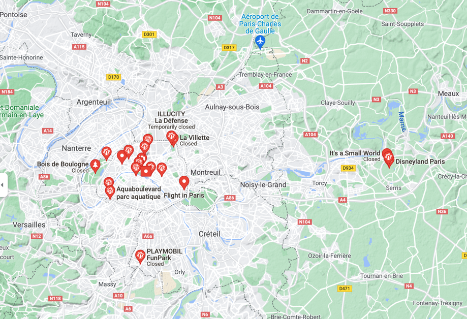 Locations of the main theme parks belonging to the territory of Paris 