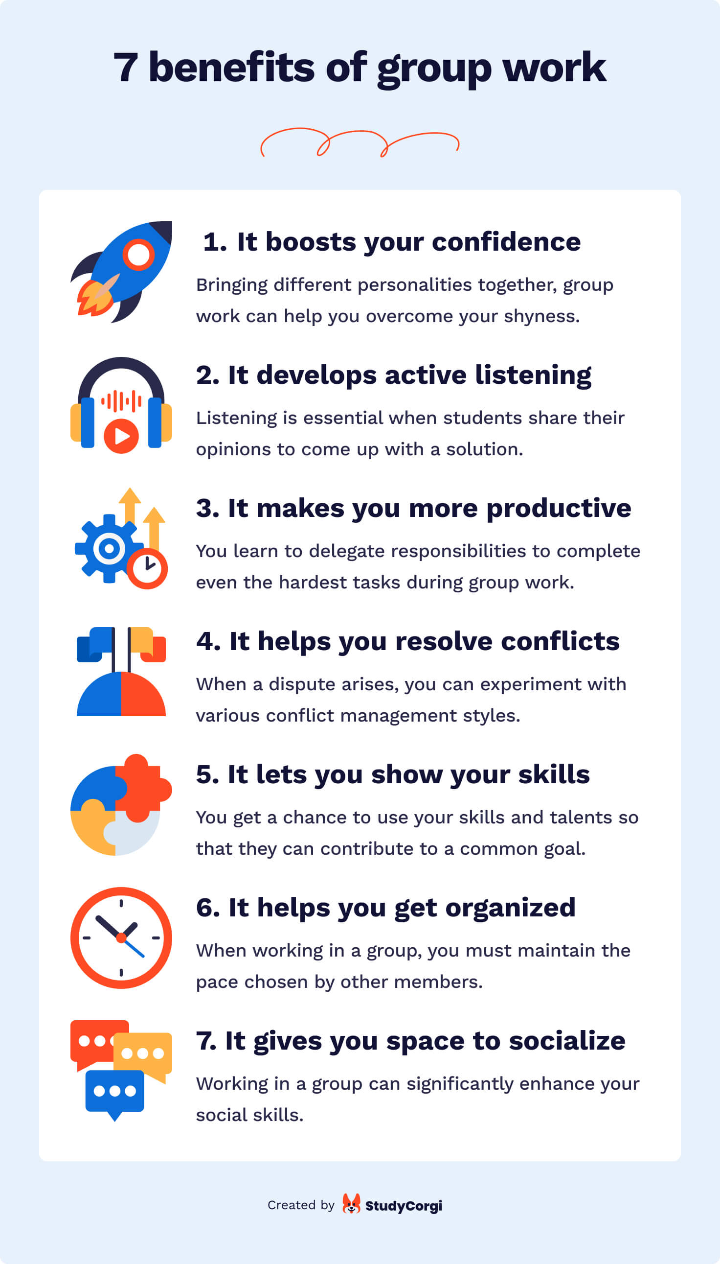 The picture lists the benefits of group work.