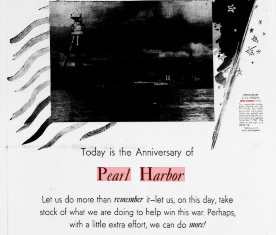 The mention of Pearl Harbor’s first anniversary