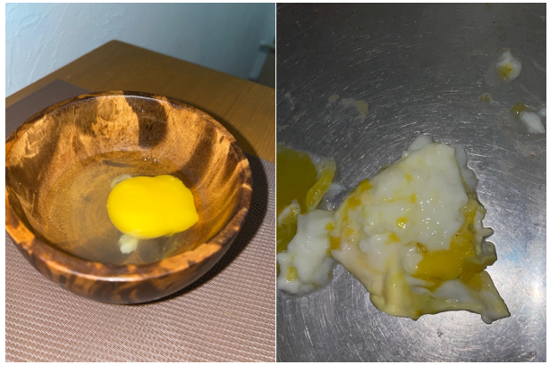 Raw chicken egg in a plate (left) and after denaturation (right).