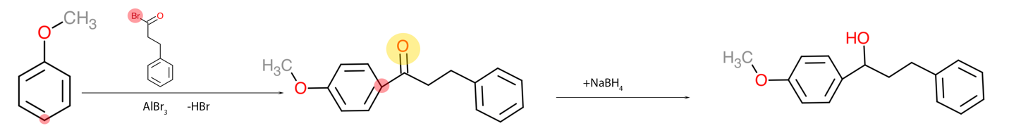 A visual diagram of how to obtain compound A from Anisole in two reactions: nucleophilic substitution and reduction.