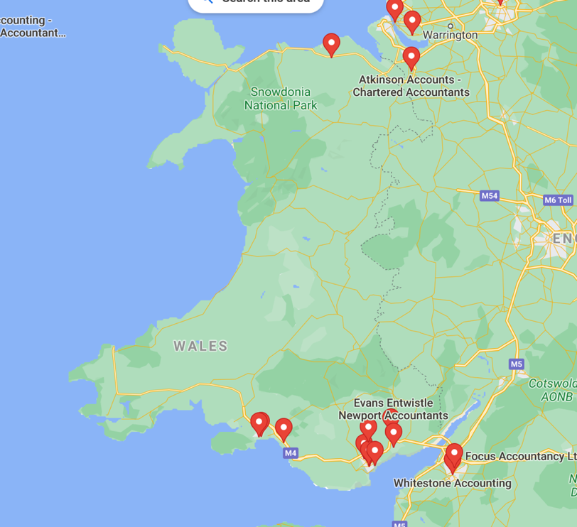 Map of accounting firms located in Wales.