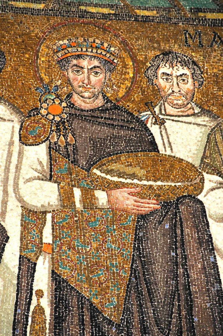 Byzantine mosaic of emperor Justinian in Ravenna, Italy. 