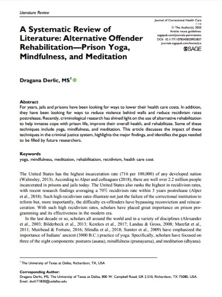 A Systematic Review of Literature: Alternative Offender Rehabilitation—Prison Yoga, Mindfulness, and Meditation