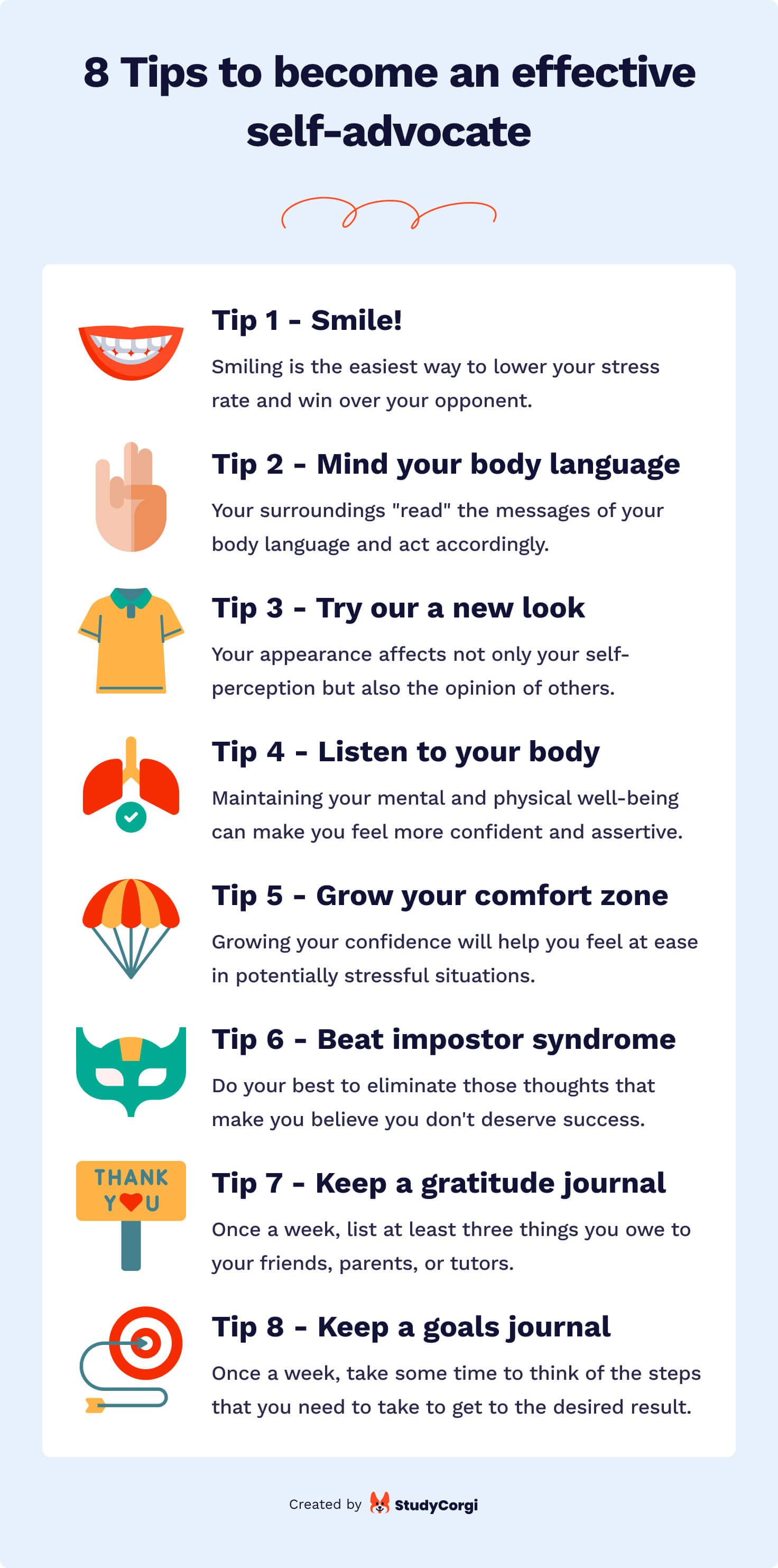 The picture lists 8 tips to become an effective self-advocate.