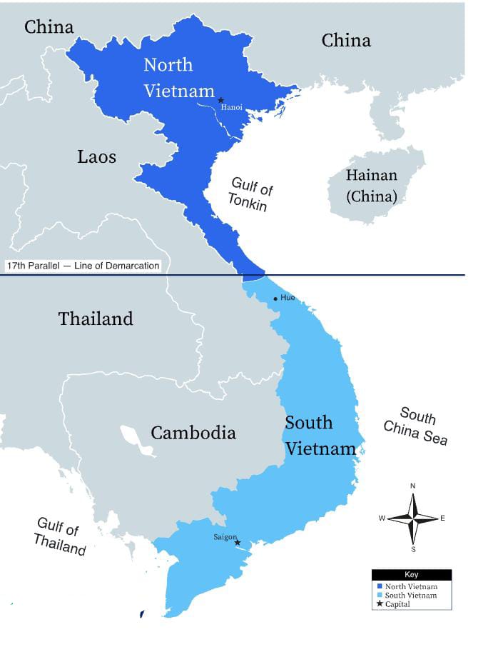 Map of Vietnam with the 17th parallel line of boundary demarcating South Vietnam and North Vietnam after the peace declaration in Geneva in 1954
