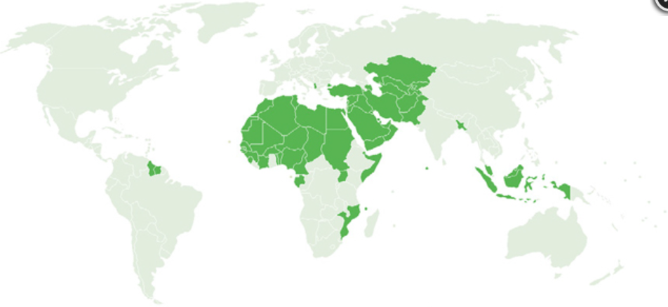 Map of the world showing the member states of the organization of the Islamic Conference