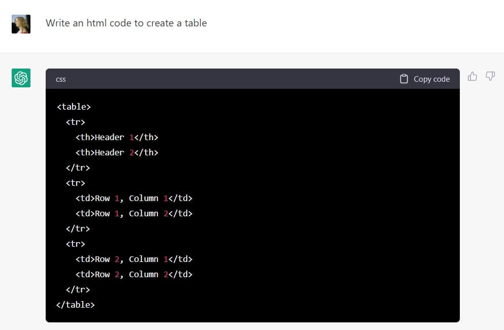 The screenshot shows hot ChatGPT writes an HTML code.