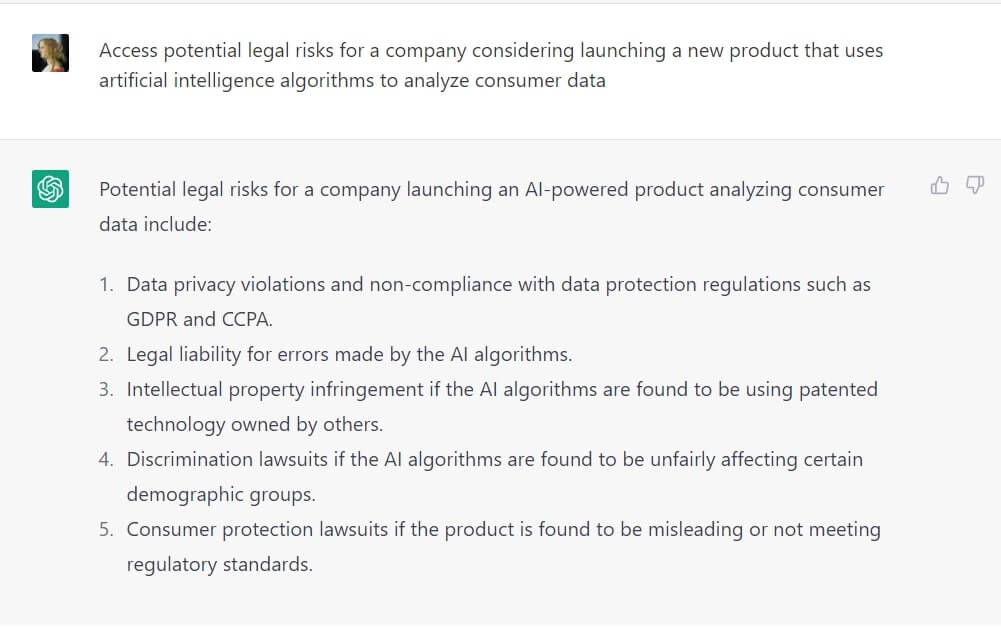 The screenshot shows how ChatGPT assesses legal risks for a company.
