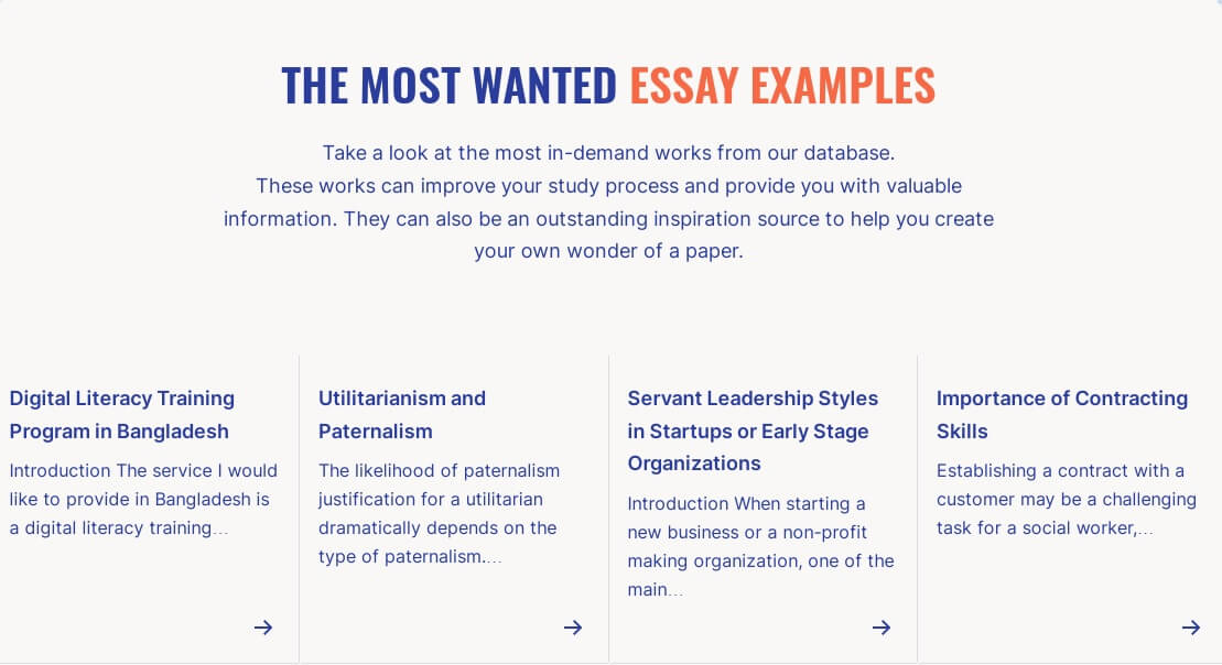 The screenshot shows "the most wanted essay examples" section at Papers Geeks.